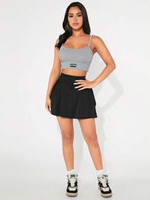 SHEIN PETITE 素色寬腰帶喇叭下擺半身裙 - 黑色 - 查看 5