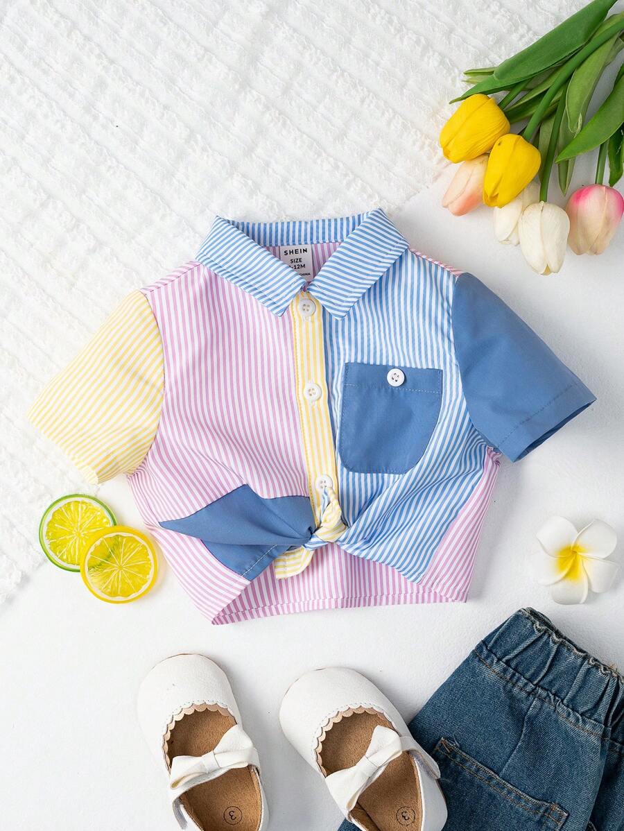 SHEIN Baby Striped Print Colourblock Knot Hem Shirt - Multicolor - View 1