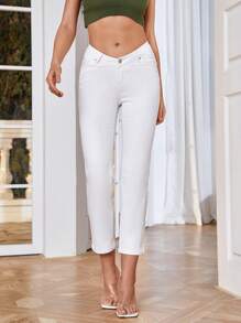 Solid Cropped Jeans - White - View 4