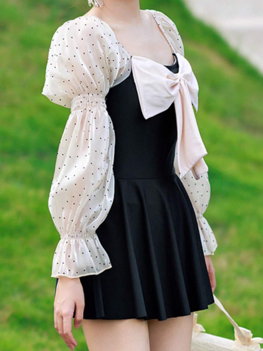 Traje de baño de una pieza con estampado de bloques de color y lunares, con lazo delantero y mangas recogidas, para vacaciones de verano en la playa - Blanco y Negro - Ver 1