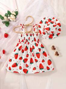 SHEIN Vestido Con Estampado De Fresas Para Bebés Niñas Con Correas Y Sombrero