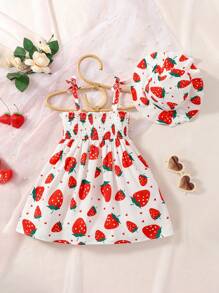 SHEIN Vestido Con Estampado De Fresas Para Bebés Niñas Con Correas Y Sombrero