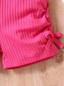 SHEIN Baby Girl Ruched Knot Side Ribbed Knit Romper - Pink - View 4