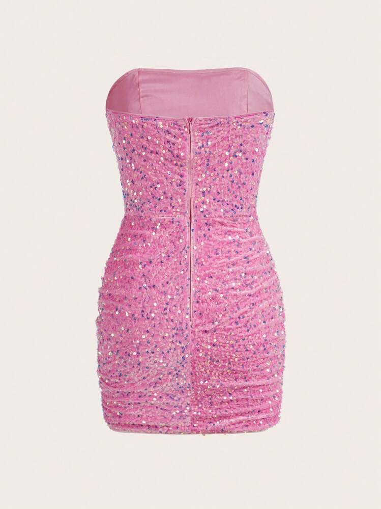 Charlene Sequin Bodycon Dress In Hot Pink Plus Size Hot Pink Sequin  Strapless Bodycon Prom Dress with Overskirt