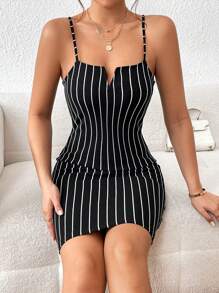SHEIN Privé Striped Print Notched Neckline Cami Bodycon Dress - Black - View 6