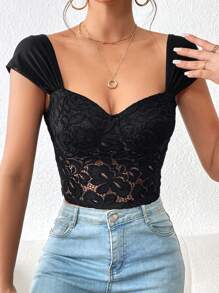 SHEIN Privé Top escote corazón con encaje - Negro - Ver 3