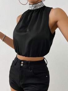 Calvaya Contrast Sequin Mock Neck Keyhole Back Crop Blouse
