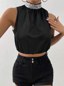Calvaya Contrast Sequin Mock Neck Keyhole Back Crop Blouse