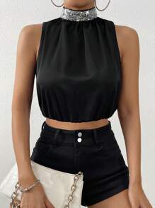 Calvaya Contrast Sequin Mock Neck Keyhole Back Crop Blouse