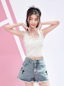 ROMWE 交叉印花毛邊牛仔短褲 - 淺色水洗藍 - 查看 4