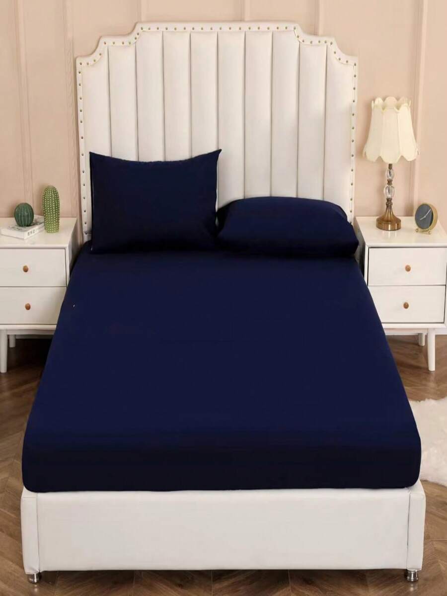 1pc Solid Color Fitted Sheet, Minimalist Fabric Fitted Sheet For Home - Navy Blue - View 1