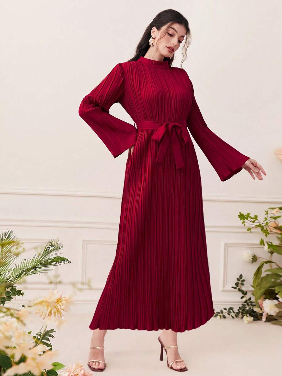 Al Najma Solid Mock Neck Pleated Hem Belted Dress - Red - View 1