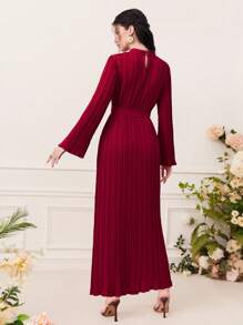 Al Najma Solid Mock Neck Pleated Hem Belted Dress - Red - View 2