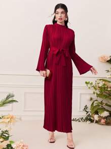 Al Najma Solid Mock Neck Pleated Hem Belted Dress - Red - View 3