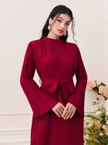 Al Najma Solid Mock Neck Pleated Hem Belted Dress - Red - View 4