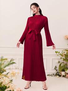 Al Najma Solid Mock Neck Pleated Hem Belted Dress - Red - View 5