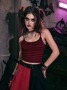 ROMWE Grunge Punk 條紋圖案鈕扣撞色滾邊吊帶上衣 - 彩色 - 查看 4
