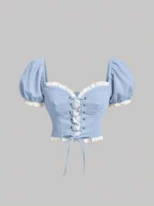 SHEIN MOD Áo Crop Top Tay Phồng Phối Ren Phía Trước - Màu xanh nhạt - Xem 1