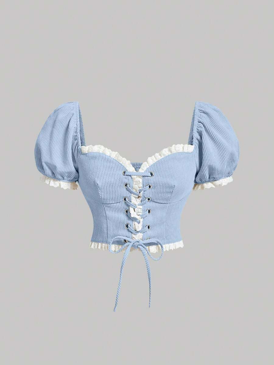 SHEIN MOD Áo Crop Top Tay Phồng Phối Ren Phía Trước - Màu xanh nhạt - Xem 1