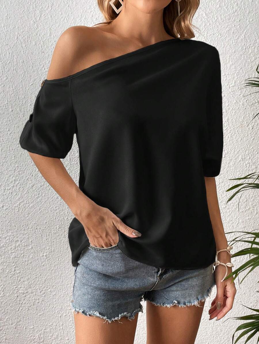 SHEIN VCAY Áo sơ mi nữ Bất đối xứng màu trơn Giải trí - màu đen - Xem 1