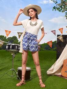 SHEIN Quần Short Gái Túi Thắt lưng Quần paper-bag Tất cả trên in Boho - Xanh và trắng - Xem 4