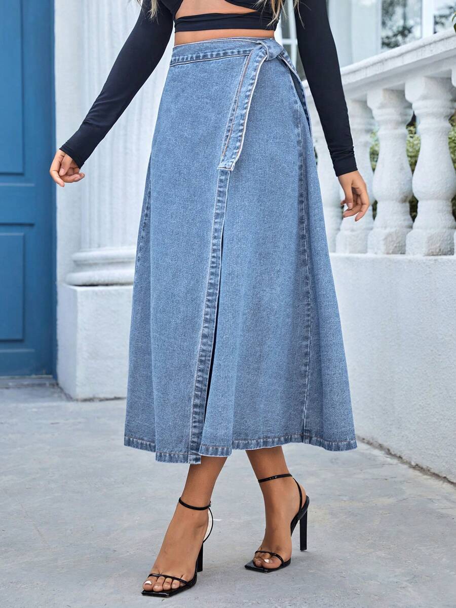 SHEIN Essnce 高腰側打結圍裹牛仔半身裙 - 淺色水洗藍 - 查看 1