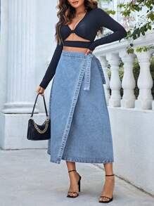 SHEIN Essnce 高腰側打結圍裹牛仔半身裙 - 淺色水洗藍 - 查看 5