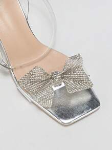 Dames strass & strik decor doorzichtige riem sandalen met dikke hakken, glamoureuze zomer PVC enkelband sandalen
