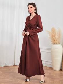Modelyn Twist Front Solid Dress - Redwood - View 4