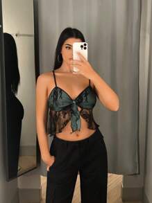 SHEIN ICON Contrast Lace Tie Front Cami Top - Multicolor - View 4