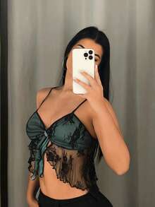 SHEIN ICON Contrast Lace Tie Front Cami Top - Multicolor - View 6