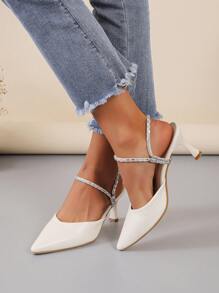 Women Rhinestone Decor Crocodile Embossed Mules, Point Toe Elegant Pumps - Beige - View 6