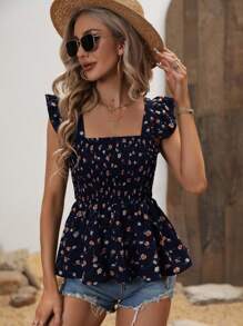 SHEIN VCAY Ditsy Floral Print Ruffle Trim Peplum Blouse - Navy Blue - View 3