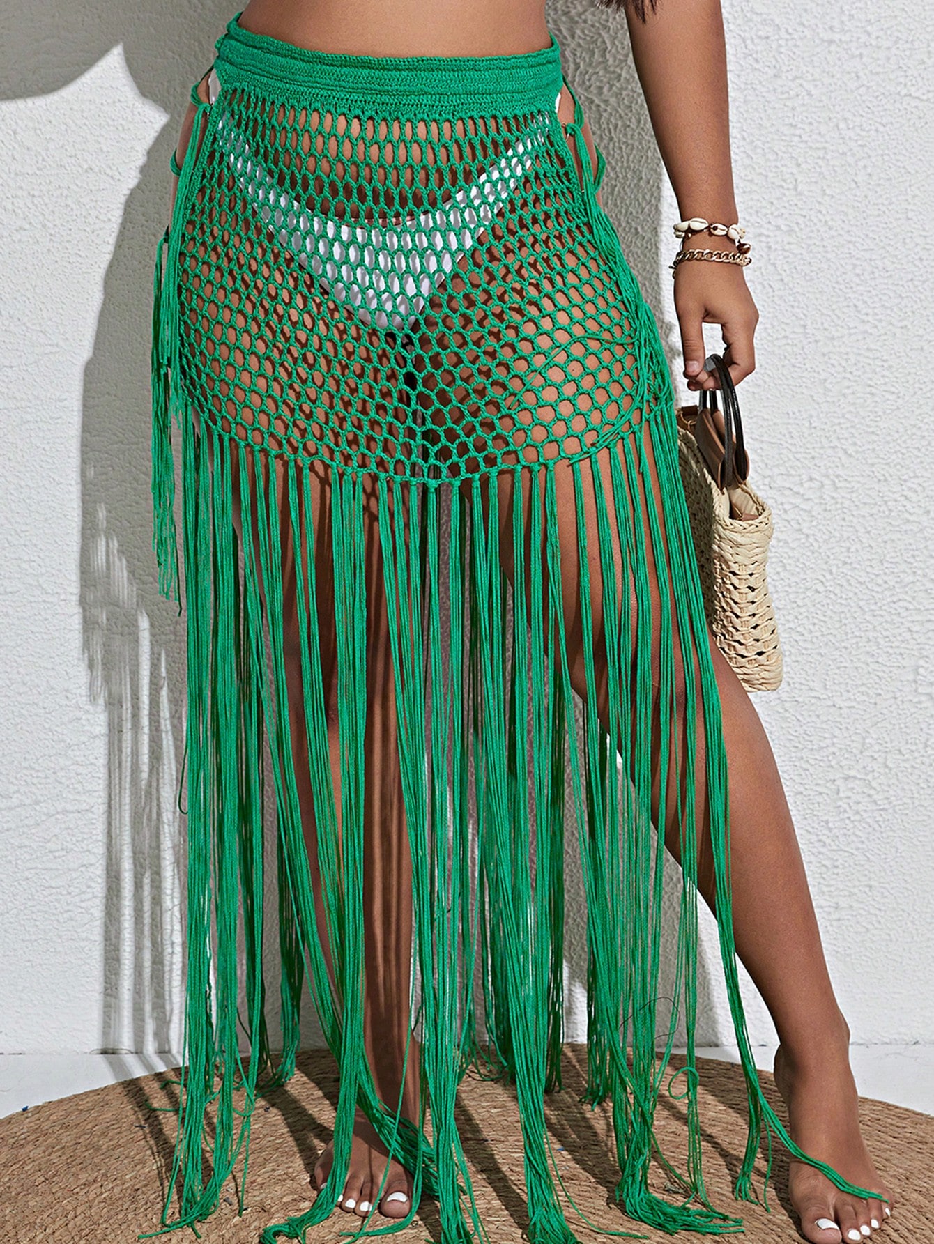 SHEIN Swim BohoFeel Plus Fringe Hem Crochet Cover Up Skirt Without