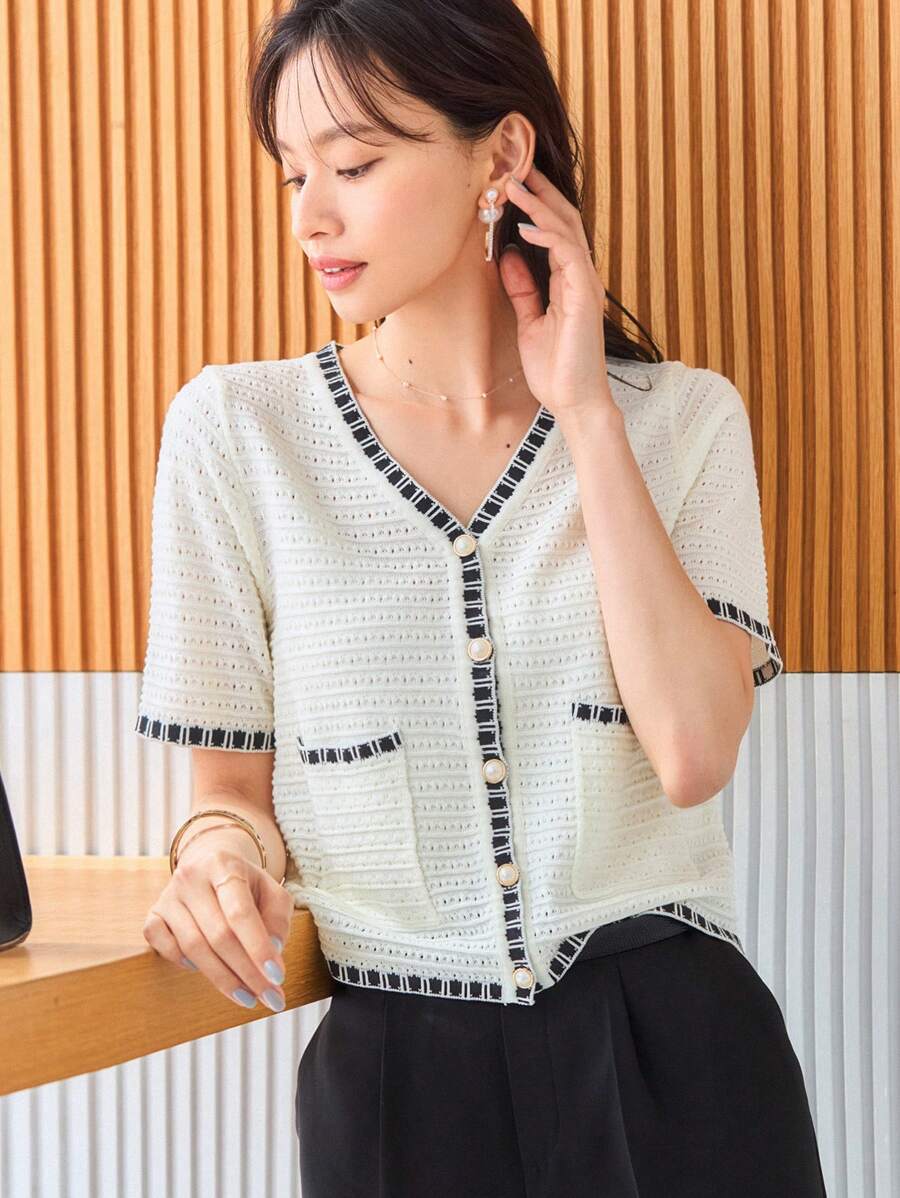 DAZY Nữ Cardigans Túi Tương phản ràng buộc Nút phía trước màu trơn Giải trí - trắng - Xem 1