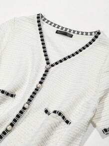 DAZY Nữ Cardigans Túi Tương phản ràng buộc Nút phía trước màu trơn Giải trí - trắng - Xem 7