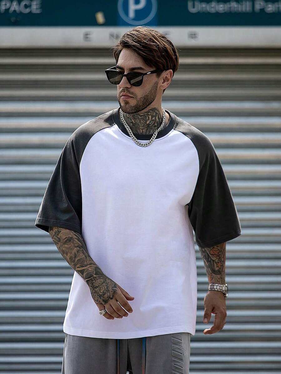 Men Contrast Raglan Sleeve Tee - White - View 1