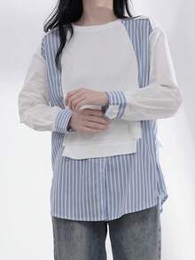 Atasan 2 in 1 Bergaris dengan Bahu Jatuh - Blue and White - View 3