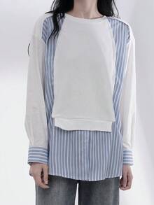 Atasan 2 in 1 Bergaris dengan Bahu Jatuh - Blue and White - View 4