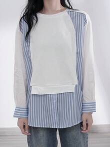 Atasan 2 in 1 Bergaris dengan Bahu Jatuh - Blue and White - View 6