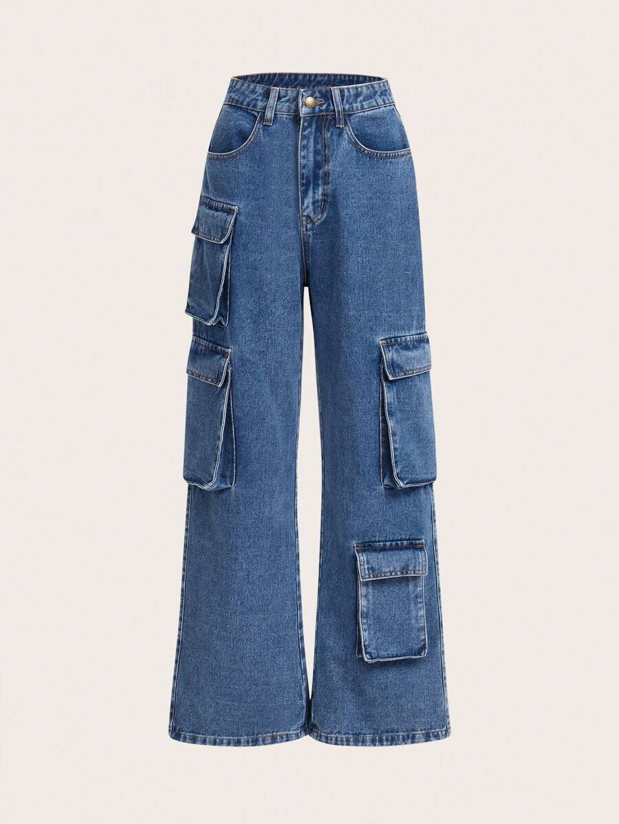 SHEIN EZwear Quần jean nữ Nút Túi Dây kéo màu trơn - Rửa trung bình - Xem 1