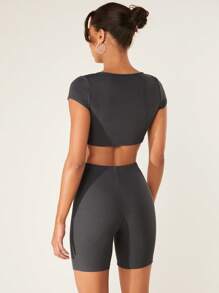 SHEIN BASICS Cotton Notched Neck Crop Top & Cycling Shorts - Dark Grey - View 2