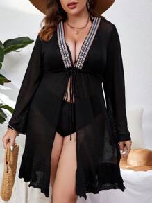 Plus Contrast Tape Tie Front Kimono - Black - View 1
