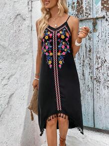 Breezaya Đầm Bất đối xứng Thêu mép Hoa Boho - màu đen - Xem 4