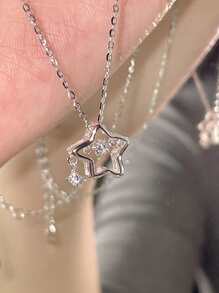 Cubic Zirconia Decor Star Charm Necklace - Silver - View 2