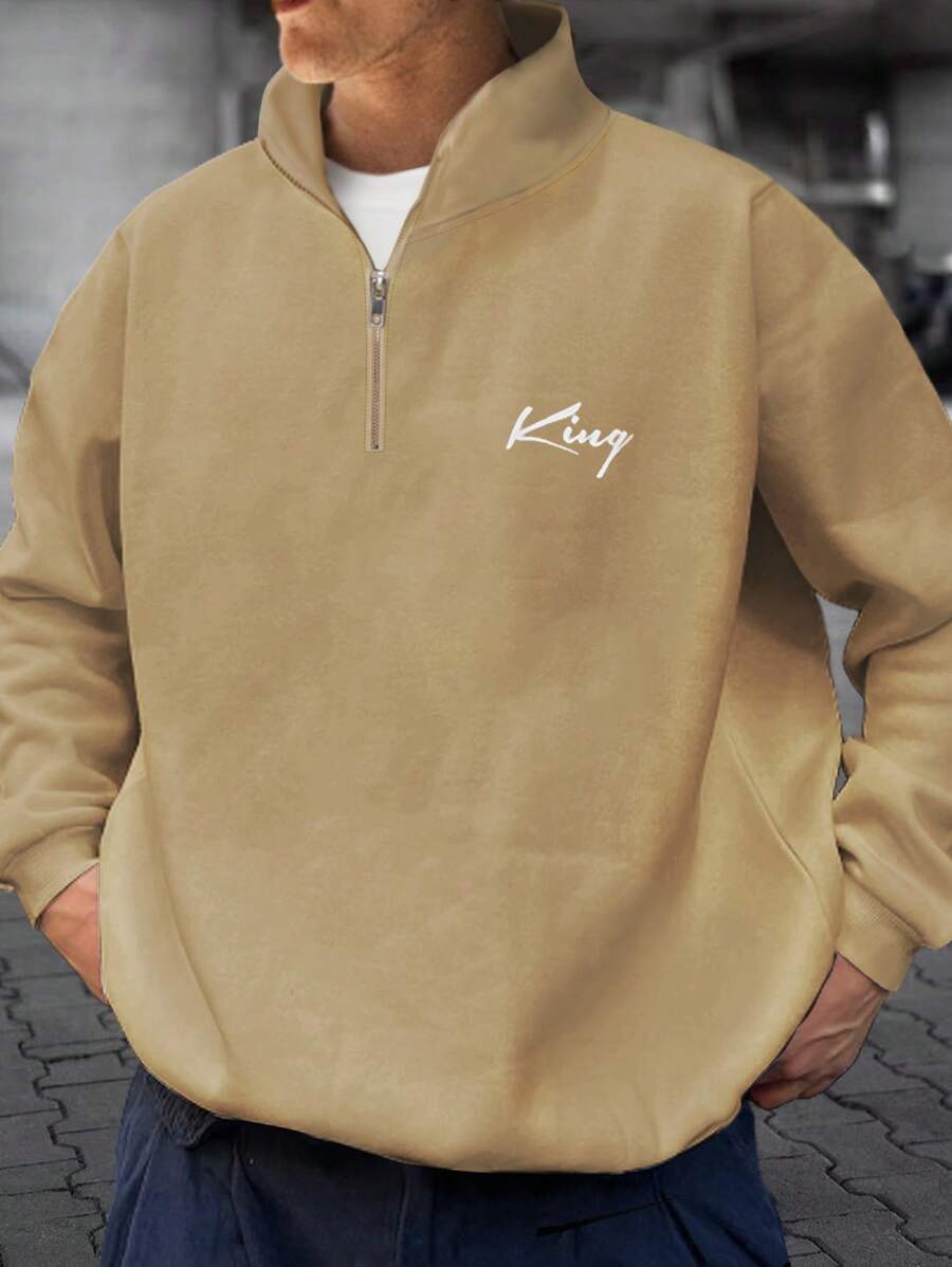 Manfinity Homme Men Letter Graphic Mock Neck Sweatshirt - Khaki - View 1