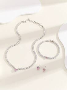 4pcs/Set Luxury Rhinestone Heart Decor Jewelry Set For Women For Daily Decoration Valentines,Mom,Mother,Mother's Day,Gift - Silver - View 2