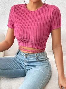 SHEIN Essnce Áo thun nữ Hội Chữ thập Buộc lại Gân đan màu trơn Giải trí - Hồng - Xem 7