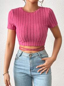 SHEIN Essnce Áo thun nữ Hội Chữ thập Buộc lại Gân đan màu trơn Giải trí - Hồng - Xem 1