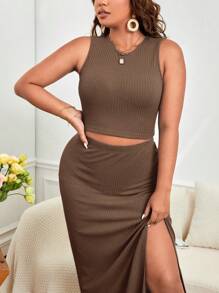SHEIN Essnce Plus Solid Crop Tee & Split Thigh Skirt - Brown - View 3